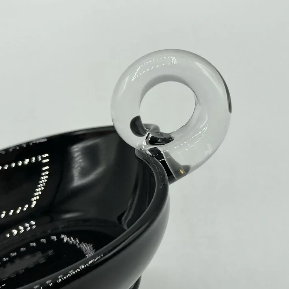 Vtg Black Glass Heart Candy Trinket Nappy Dish Applied Clear Loop Handle 6.25”